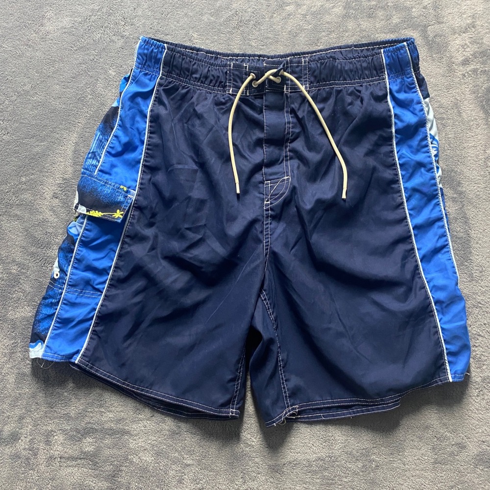 Cherokee Mens Large Navy Blue Hibiscus Floral Swim Trunks Board Shorts Cargo